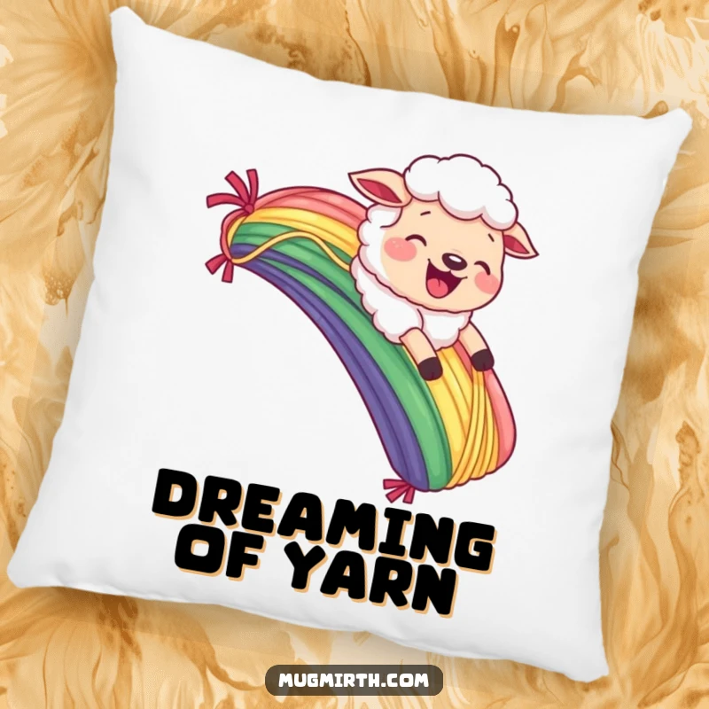 Funny Sheep Pillow: Soft cushion with a joyful sheep sliding down a yarn rainbow, sporting a comical grimace.