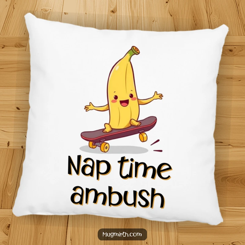 Funny banana peel pillow, a smiling peel ready to trip a skateboard, soft, humorous, and decorative.