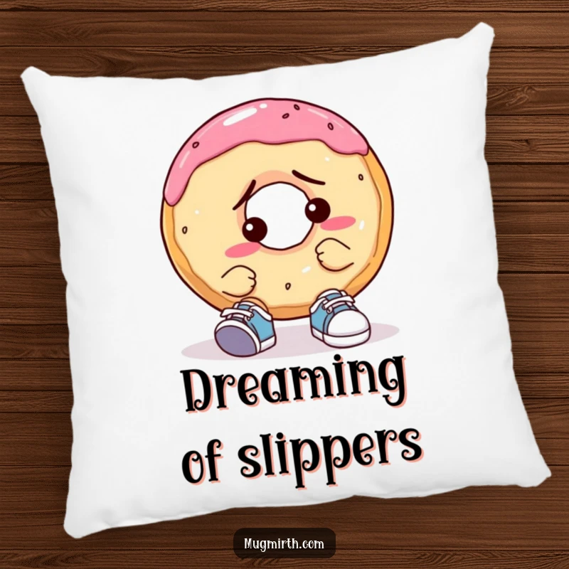 Funny Confused Donut Pillow: A soft pillow depicting a donut with a perplexed expression, struggling to put on comically small footwear.