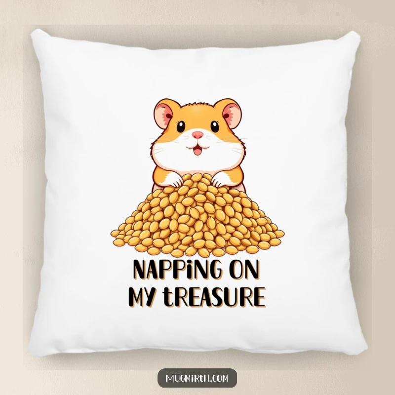 Funny hamster pillow featuring a proud rodent with a colossal pile of sunflower seeds, offering humorous comfort and decor.