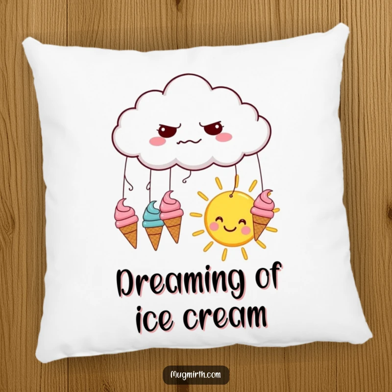Funny pillow design: a grumpy cloud rains ice cream cones onto a happy sun, offering humorous comfort.