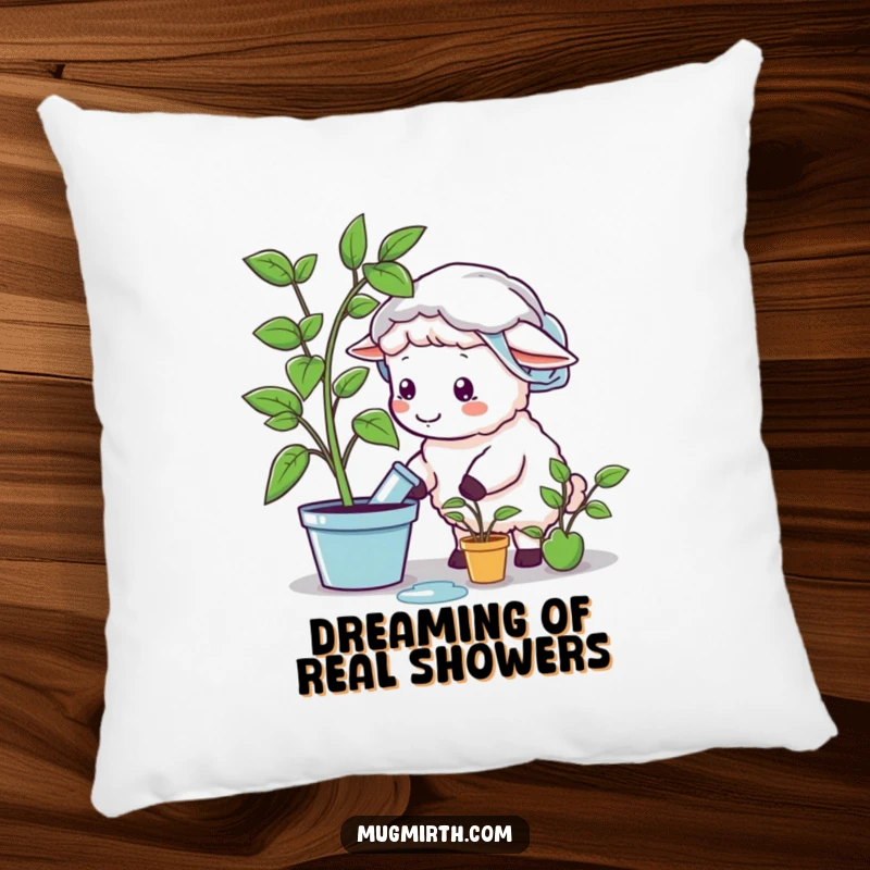 Funny sheep in a shower cap, watering a plastic plant, on a soft pillow, a humorous accent piece, funny gift.