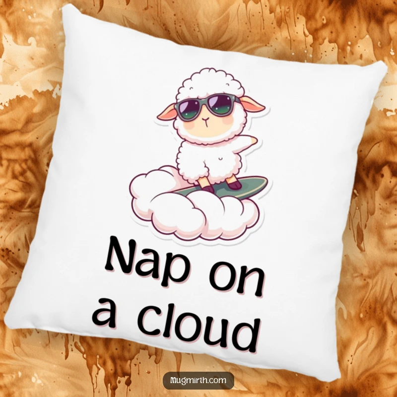 Funny pillow featuring a fluffy sheep in sunglasses, joyfully surfing a cloud; a cute and humorous decorative accent.