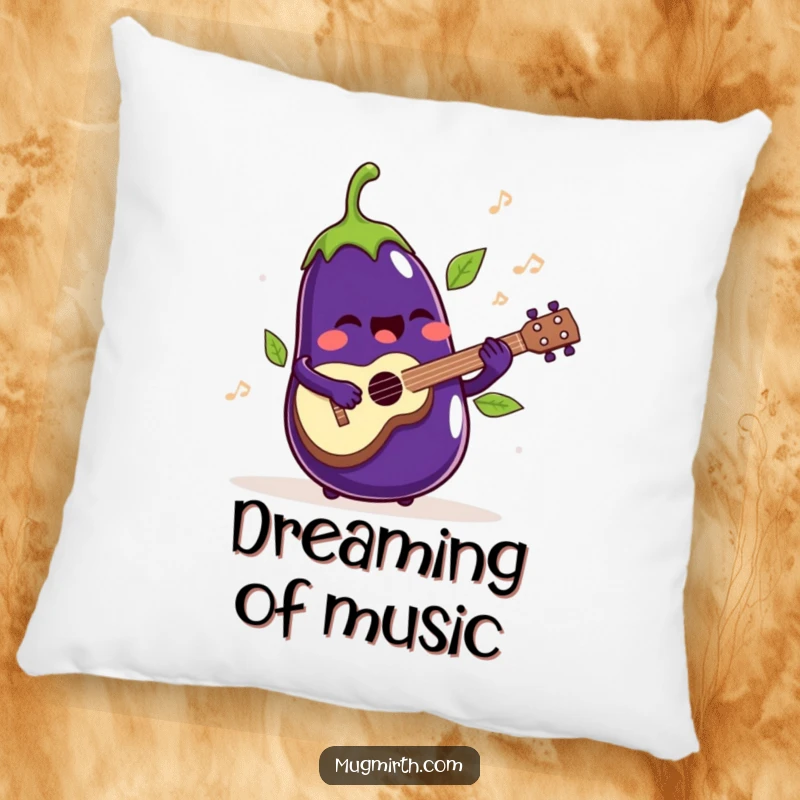 Funny Pillow: A singing eggplant playing a ukulele, its leaves jiggling rhythmically.