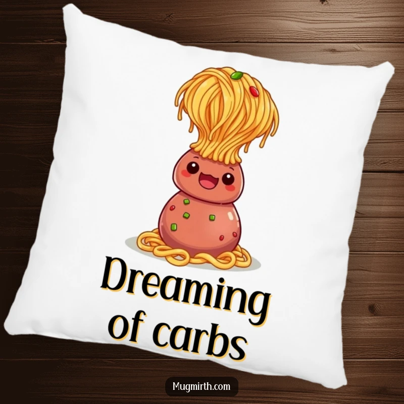 Funny Pillow: A spaghetti noodle in a headstand position, humorously balanced on a meatball.