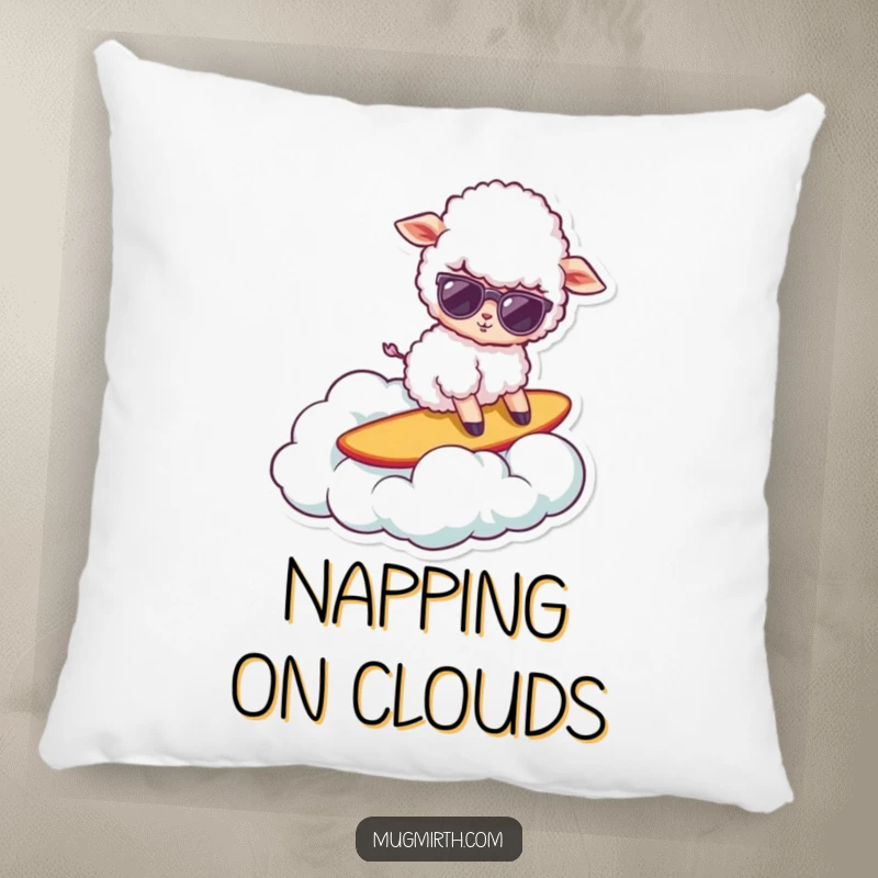 Funny sheep pillow, a cool sheep in sunglasses surfing on a cloud, soft, humorous, and decorative.