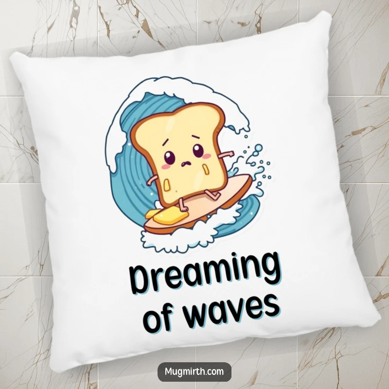 Funny toast pillow, butter dripping, bewildered expression, surfing a giant wave, a soft and humorous decorative accent.