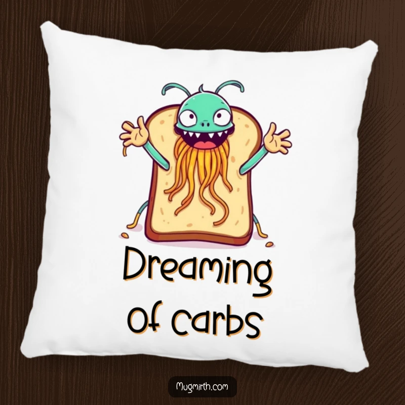 Funny slice of toast reaching for a high-five with the Flying Spaghetti Monster, a soft and humorous pillow.