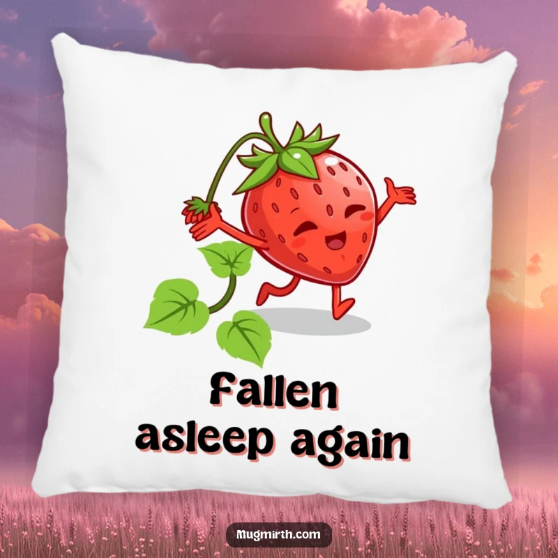 Funny tripping strawberry pillow featuring a cartoon strawberry with legs tripped by its vine. Soft and humorous decorative item.