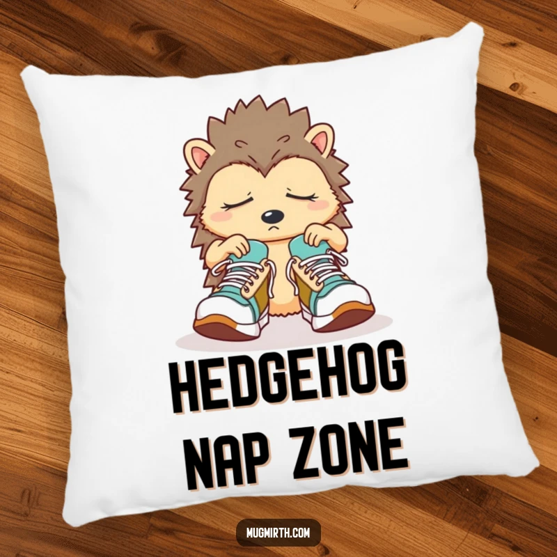 Funny Sleepy Hedgehog Pillow: A confused hedgehog struggles with oversized sneakers, perfect for cozy naps.