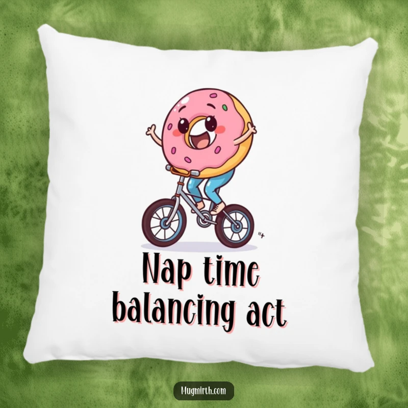 Funny donut pillow featuring a sweet character wobbling enthusiastically on a tiny unicycle, soft and humorous.