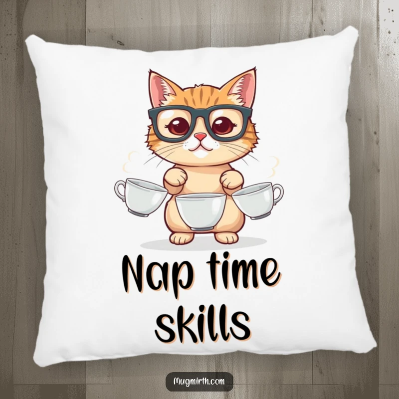 Funny cat pillow, with big glasses, juggling three teacups, a soft and humorous decorative accent for any room.