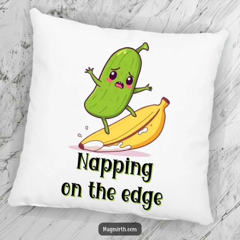Funny pillow displaying a startled pickle humorously surfing a runaway banana peel, offering comfort with a comedic twist.