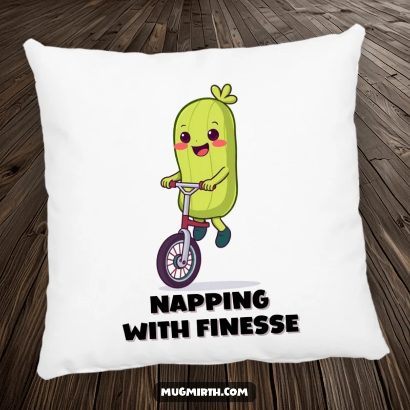 Funny Pillow: A soft cushion featuring a smiling pickle wobbling on a unicycle.