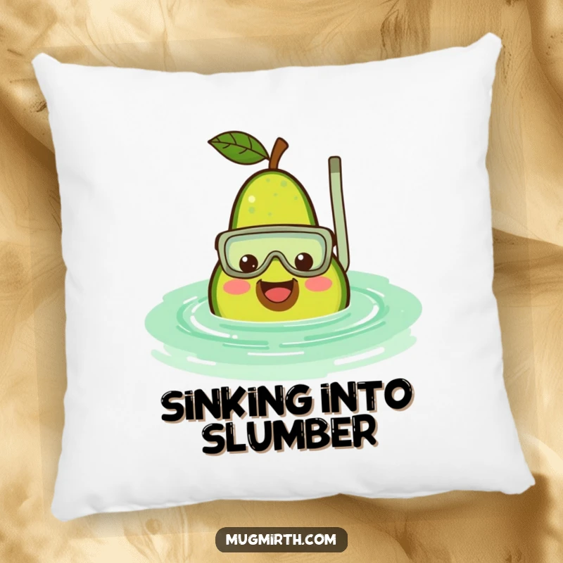 Funny avocado pillow with a smiling fruit wearing a snorkel, sinking into a rippling green pool, offering cozy comfort and aquatic humor.