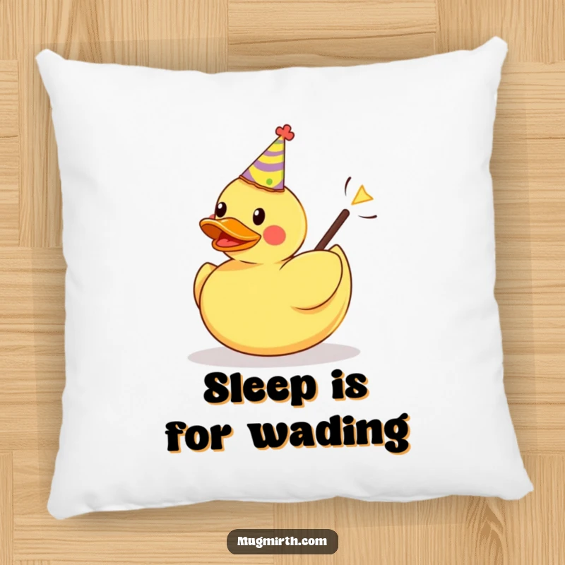 Funny pillow design: a rubber duck in a party hat is launched from a slingshot, offering humorous comfort.