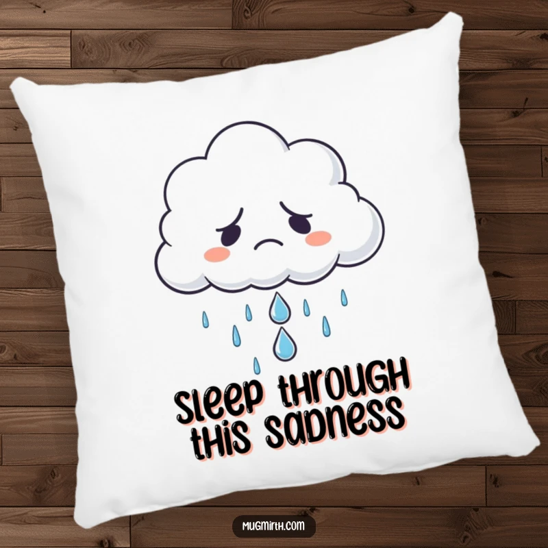 Funny grumpy cloud holding a single sad raindrop, on a soft pillow, adding a humorous touch, a funny gift.