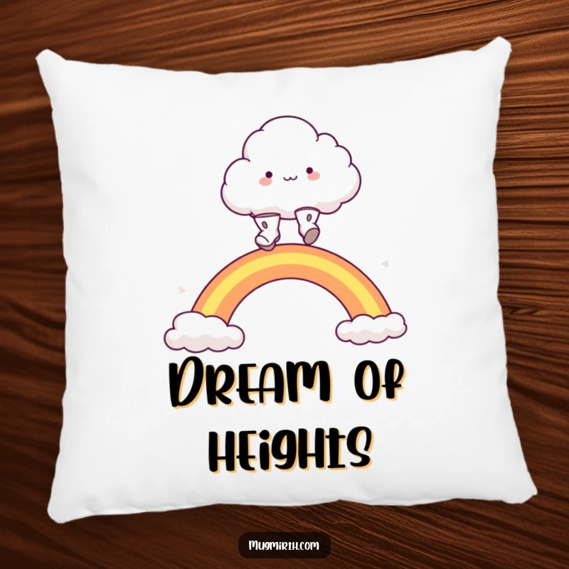 Funny fluffy cloud character in tiny boots, joyfully leaping over a rainbow, providing soft comfort. A plush and funny pillow.