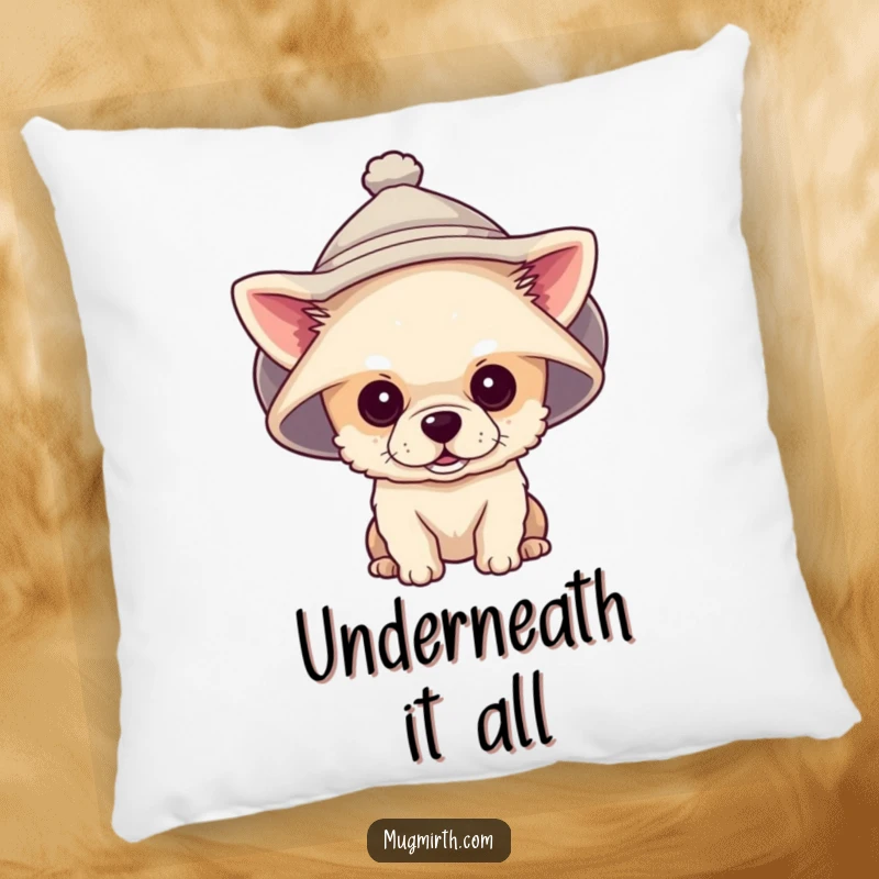 Funny pillow with a design of a tiny dog wearing a giant hat that covers its eyes, adding whimsy.