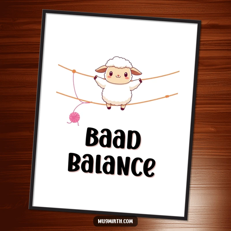 Funny sheep digital art print, fluffy, performing a tightrope walk on a clothesline, yarn unraveling, a humorous and printable artwork.