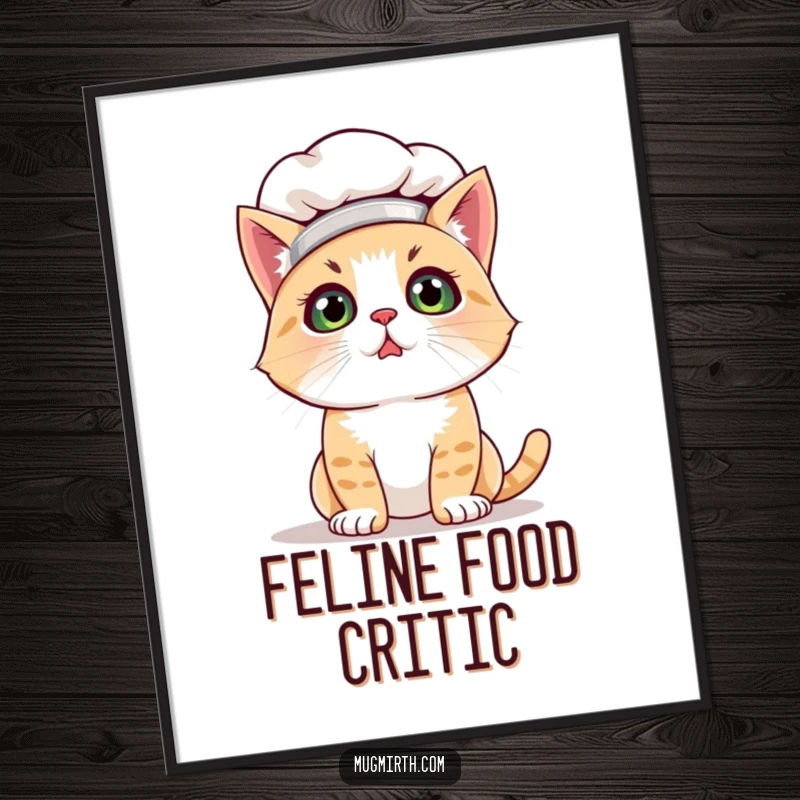 Funny cat chef digital art print of a bewildered cat in a chef hat, covered in flour, looking comical. Instant humorous decor.