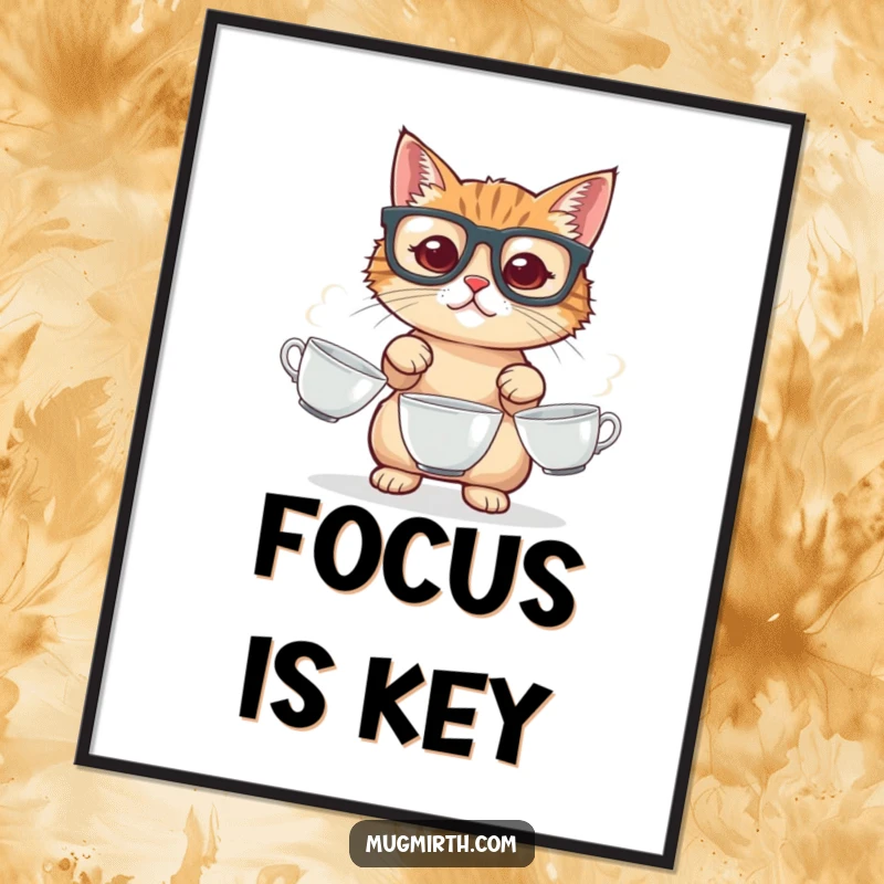 Funny cat digital art print, wearing glasses, juggling three teacups, a hilarious and printable artwork for wall decor.