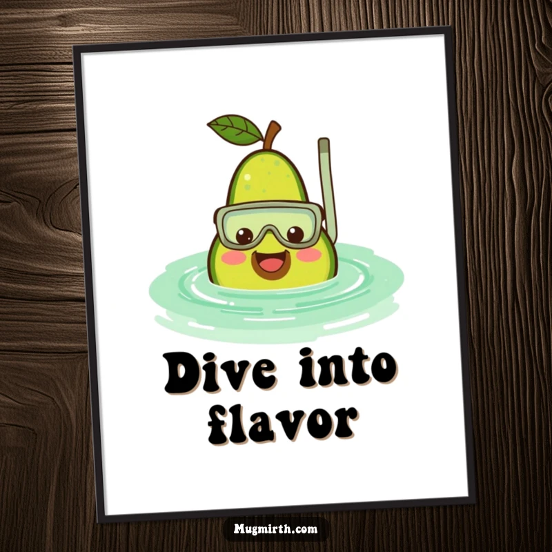 Funny avocado digital art print of a smiling fruit wearing a snorkel, sinking into a rippling green pool, offering instant whimsical decor.