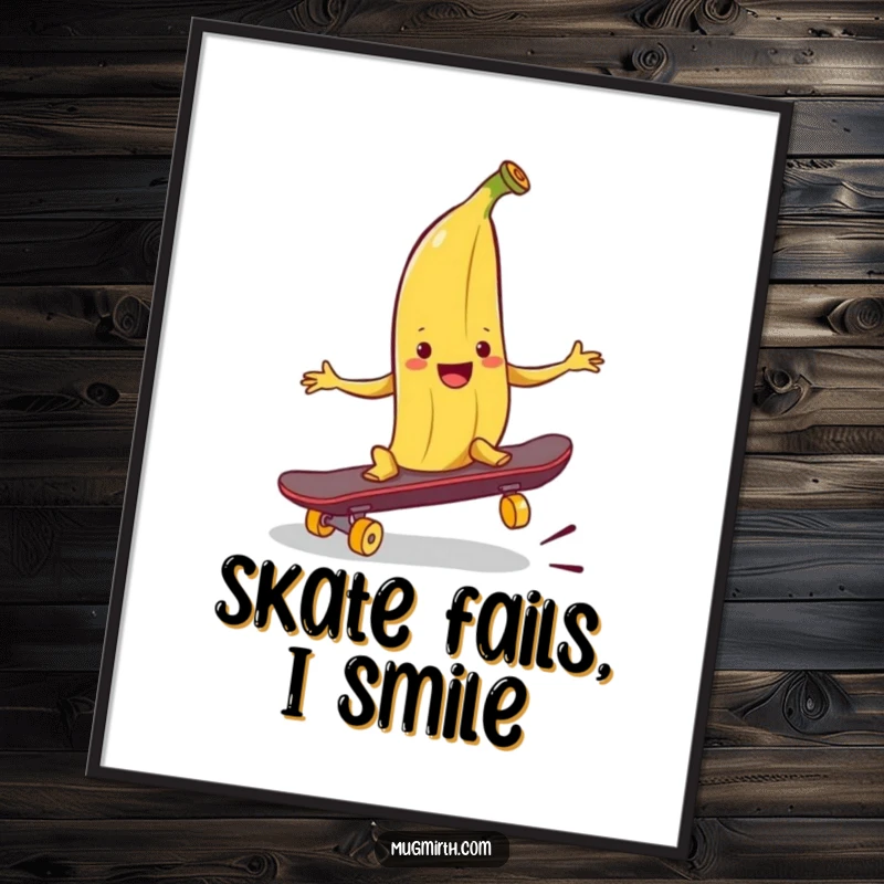 Funny banana peel digital art print, a smiling peel strategically placed to trip a skateboard, offering instant humor.