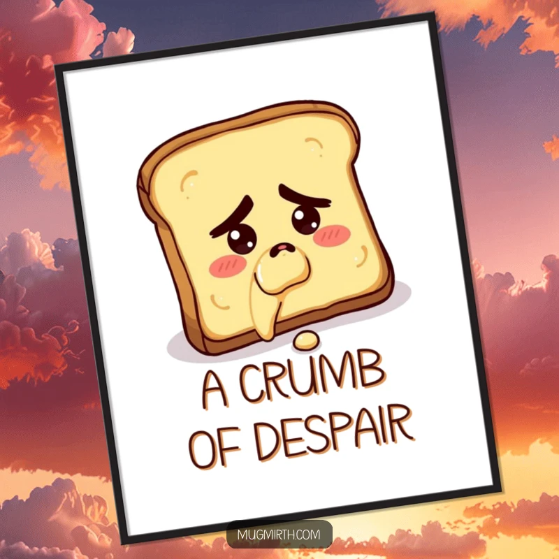 Funny digital art print of a concerned slice of toast falling butter-side down, adding kitchen humor.