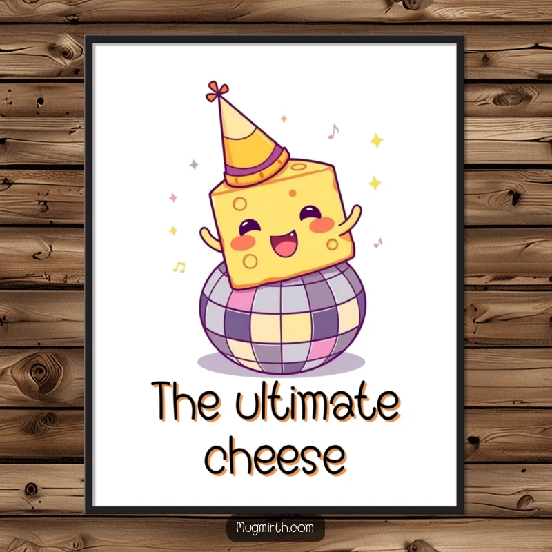 Funny Disco Cheese Digital Art Print: A cheese wedge in a party hat spins wildly on a disco ball, vibrant fun.