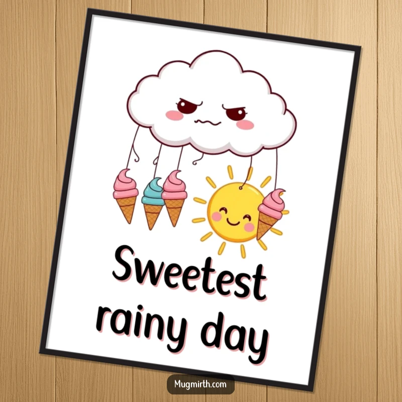 Funny digital art: a grumpy cloud rains perfect ice cream cones onto a happy sun, an amusing and vibrant graphic.