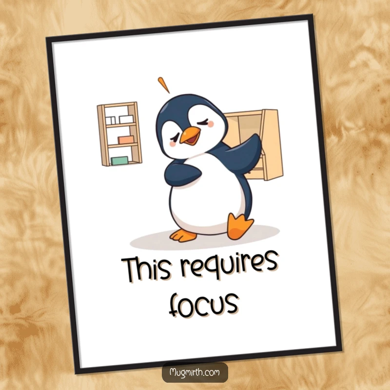 Funny digital art print of a bewildered penguin comically assembling flat-pack furniture, a humorous and instant decor gift.