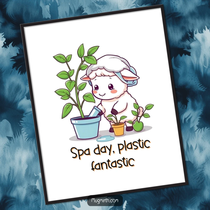 Funny sheep wearing a shower cap, watering a plastic plant, as a digital art print, adding instant humor to decor, funny gift.