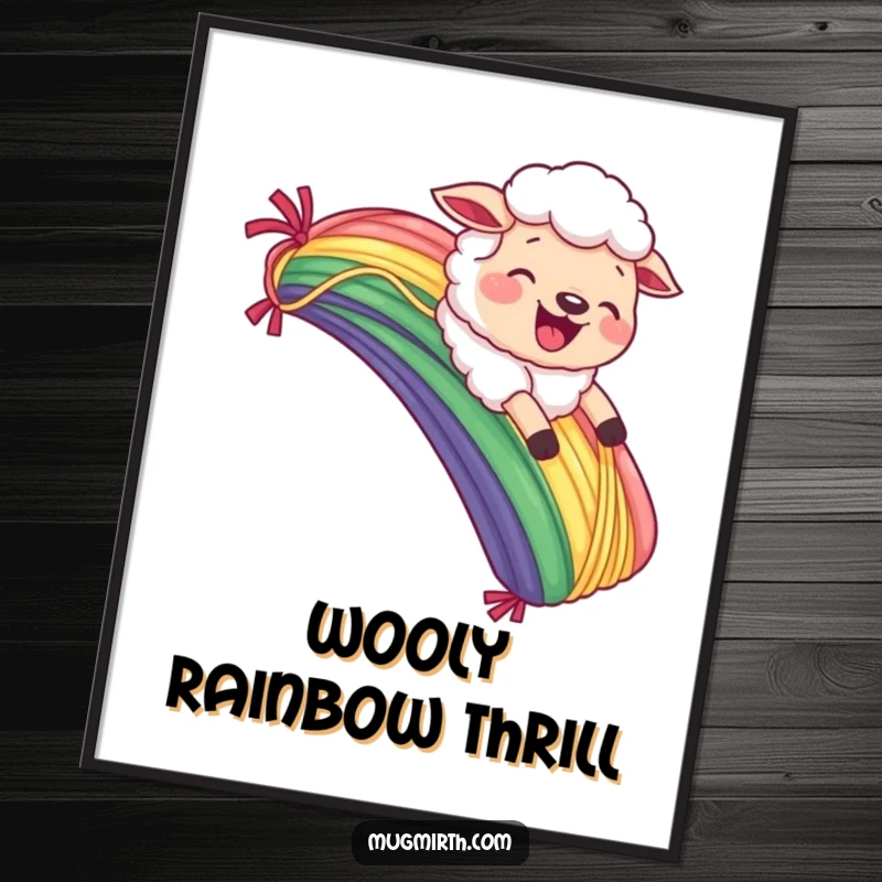 Funny Sheep Digital Art: Playful print of a sheep joyfully sliding down a yarn rainbow with a comical grimace.