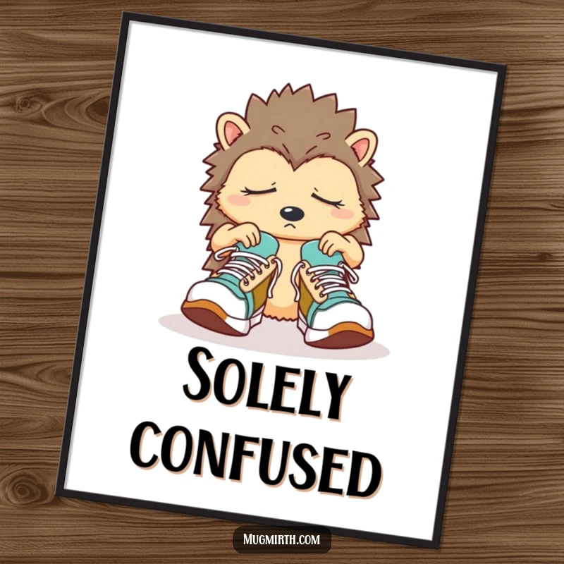 Funny Sleepy Hedgehog Digital Art Print: A confused hedgehog fumbles with oversized sneakers, capturing morning mayhem.