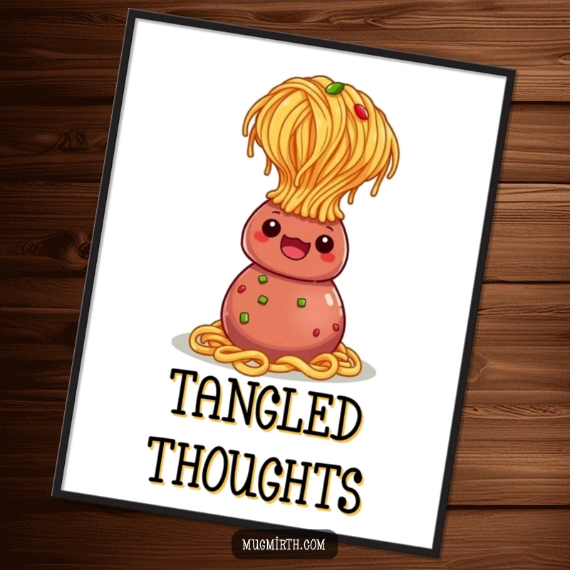 Funny Digital Art Print: A spaghetti noodle in a headstand pose, balanced on a meatball.