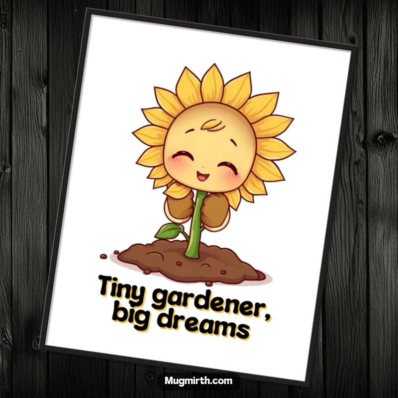 Funny Sprout Digital Art Print: A high-resolution image of a tiny sprout in oversized gloves planting a giant sunflower seed.