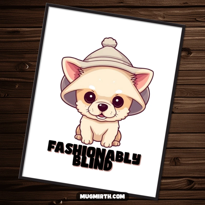 Funny digital art print of a tiny dog wearing a giant hat that covers its eyes, a comical and charming piece.