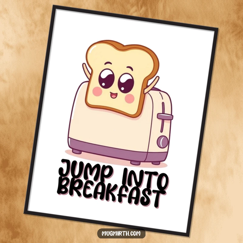 Funny Toast Jumps into Toaster Digital Art Print: Humorous printable artwork of a googly-eyed toast slice jumping into a toaster. Great for kitchen decor.