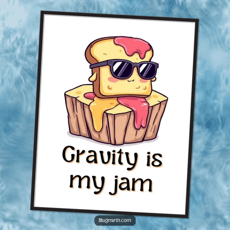 Funny digital art of toast with sunglasses, comically falling off a jam cliff, a whimsical and humorous kitchen decor piece.