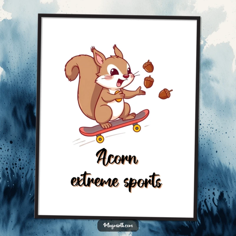 Funny mischievous squirrel juggling acorns while skateboarding downhill, available for instant download. A dynamic and funny digital print.