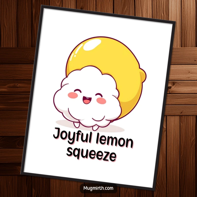 Funny Cloud and Lemon Squeeze Digital Art Print: Humorous printable artwork of a fluffy cloud character being joyfully squeezed by a giant lemon.