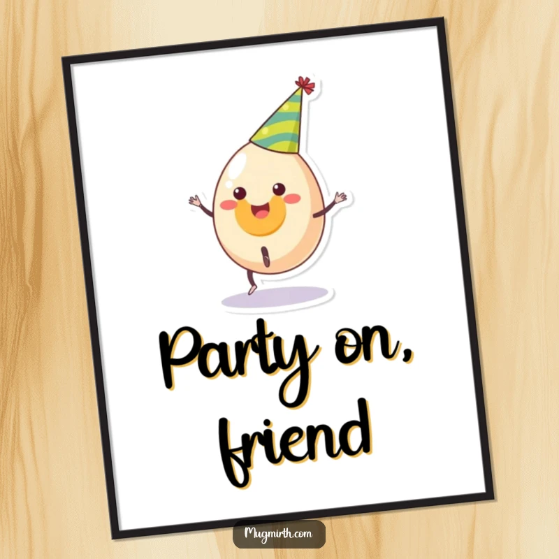 Funny digital art print of a smiling egg in a party hat attempting a cartwheel, radiating joy and humor, a gift.