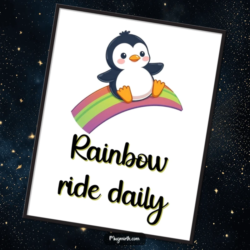 Funny Digital Art: An illustration of a penguin joyfully sliding down a bright rainbow.