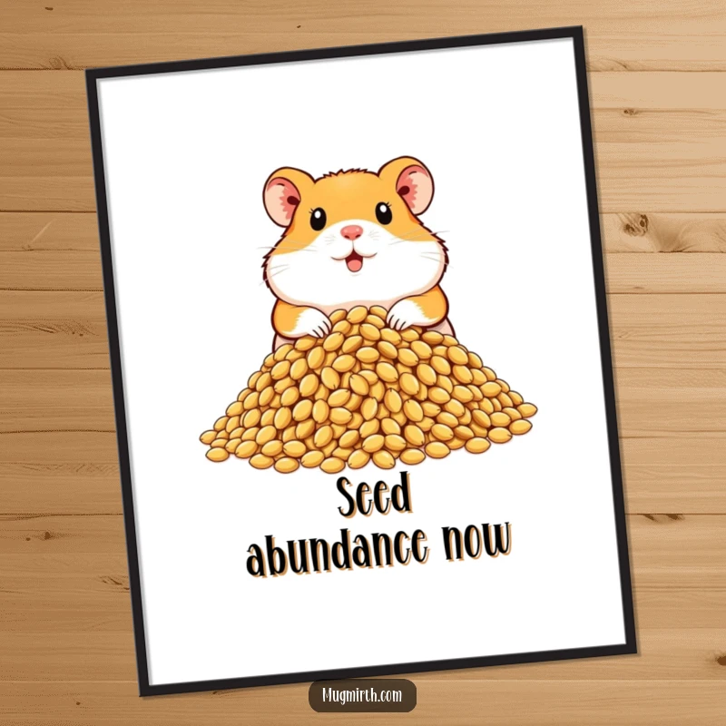 Funny hamster digital art print, proud with a pile of sunflower seeds, for instant humorous wall decor.