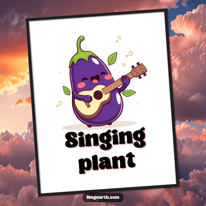 Funny Digital Art Print: A singing eggplant playing a ukulele, its leaves jiggling rhythmically.