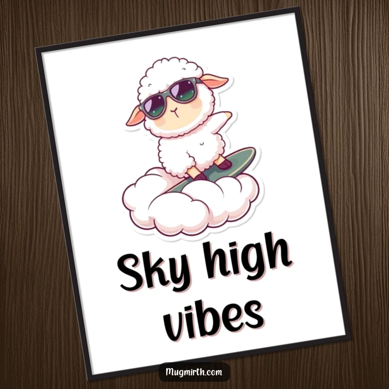 Funny digital art of a cool sheep wearing sunglasses, surfing a fluffy cloud, printable art for instant smiles.