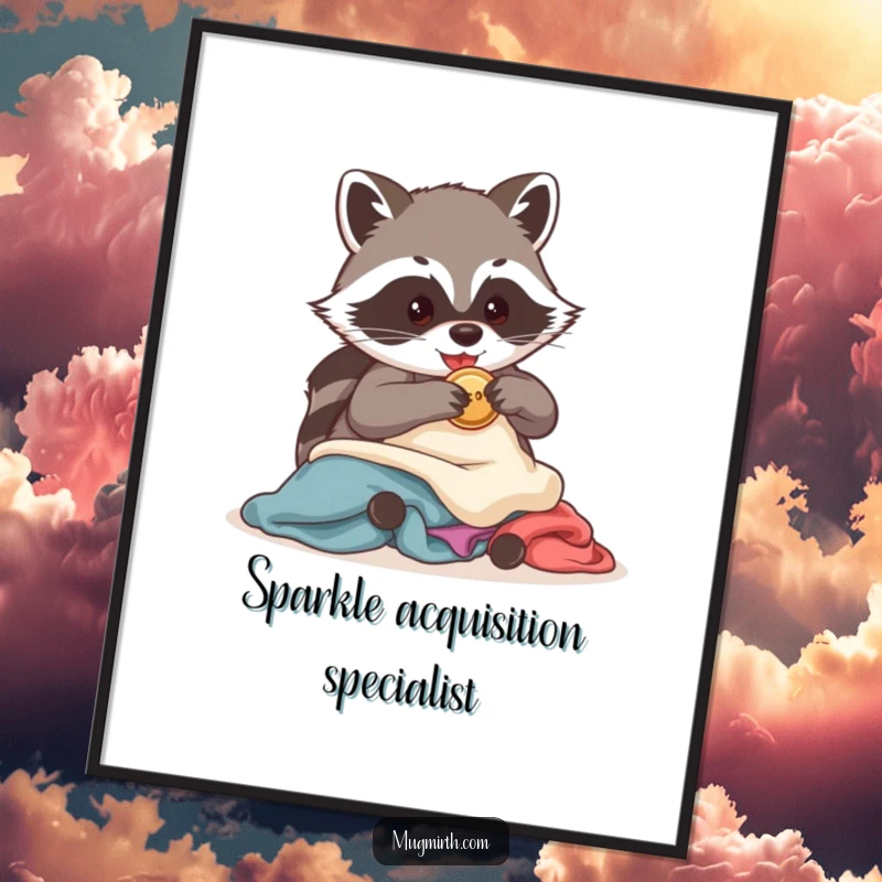Funny Raccoon Digital Art Print: A high-resolution image of a mischievous raccoon stealing a shiny button from a pile.