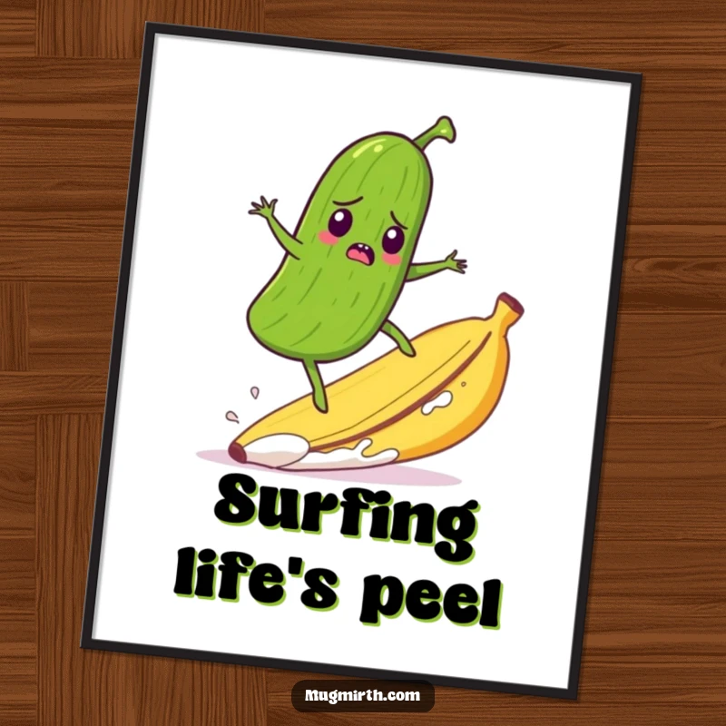 Funny digital art of a startled pickle comically surfing a runaway banana peel, a whimsical and humorous action piece.