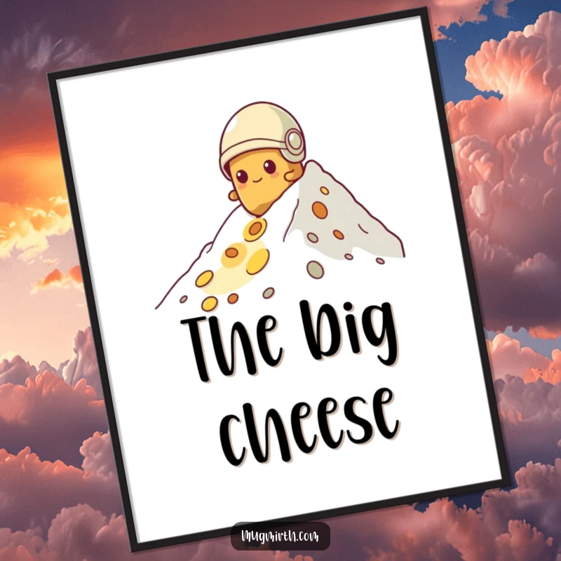 Funny potato digital art print, tiny helmet, determinedly climbing a mountain of cheese, a humorous and printable artwork.